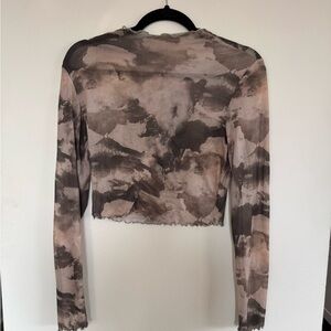 Vintage Brown Gray Cloud Tie-Dye Sheer Mesh Long Sleeve Cropped Top size S